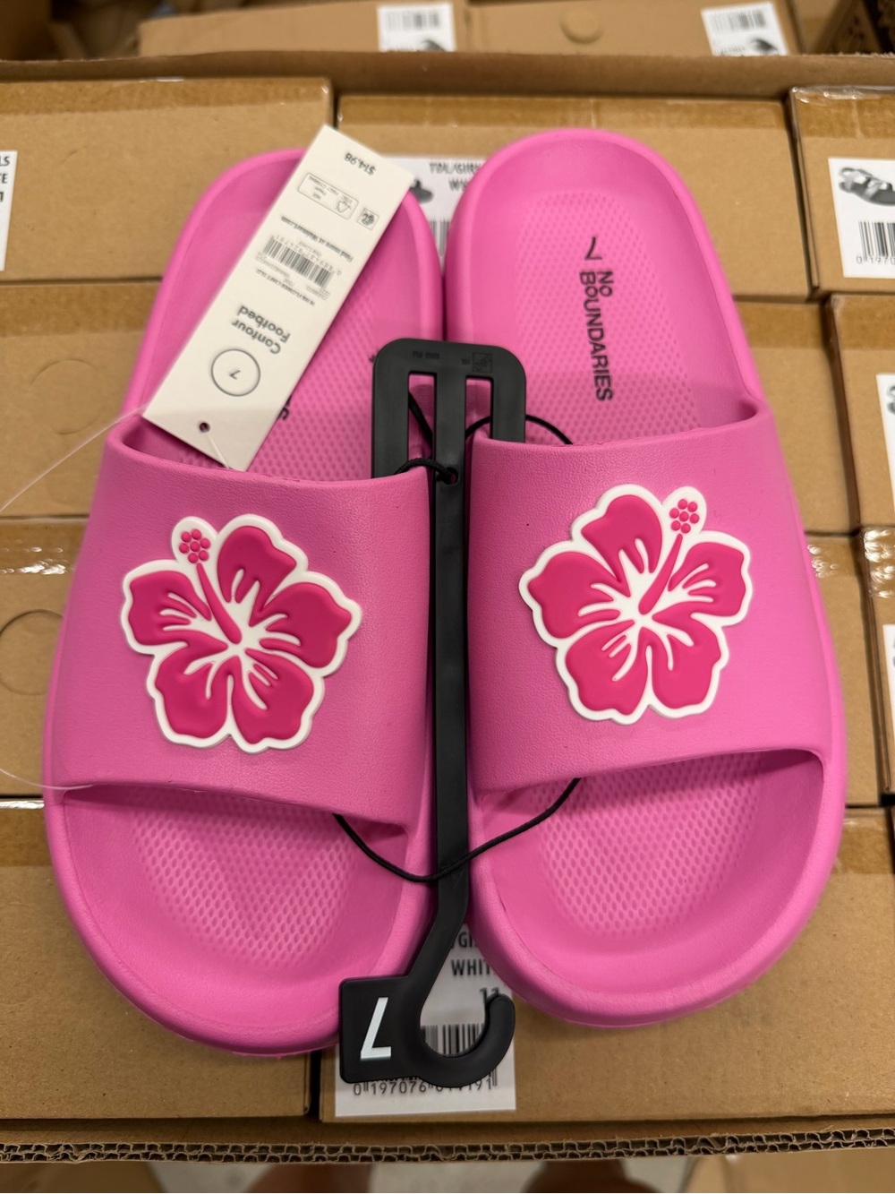 No Boundaries Hot Pink Slide Sandals with Hibiscus Applique